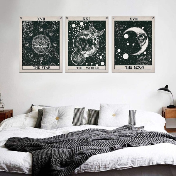 Paket med 3 Tarottapet, Stjärnan Månen Världens Tarotkort Gobeläng Mystisk Medeltida Europa Spådomsväv med rostskyddade hylsor, söm