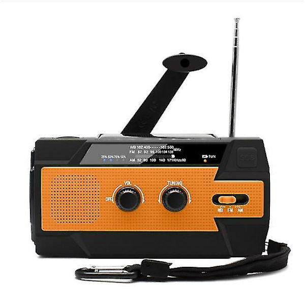 Nødradio, 4000 mah vejrradioer med håndsving &amp; Solopladning, 3 Gear Led Lommelygte, Sos Alarm, Portable Power Bank, am/fm/noaa, Motion Se 4000mAh Orange
