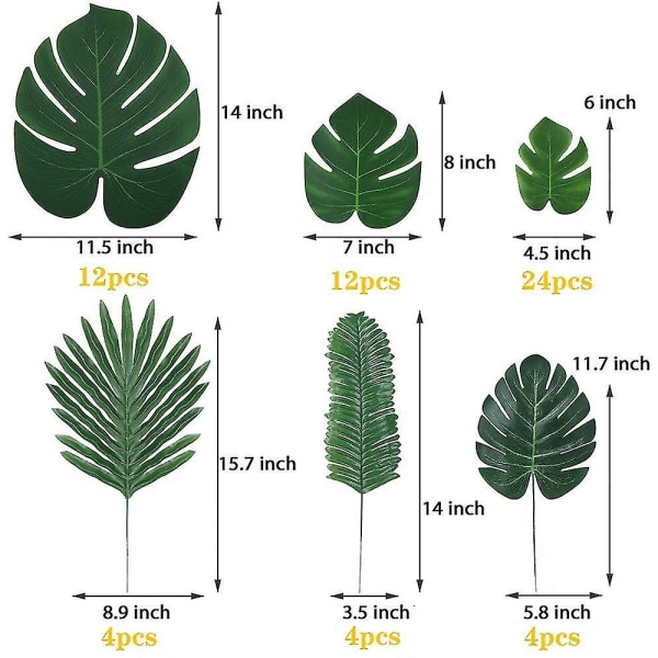 Set med 60 konstgjorda tropiska palmblad, Monstera blad med stjälkar