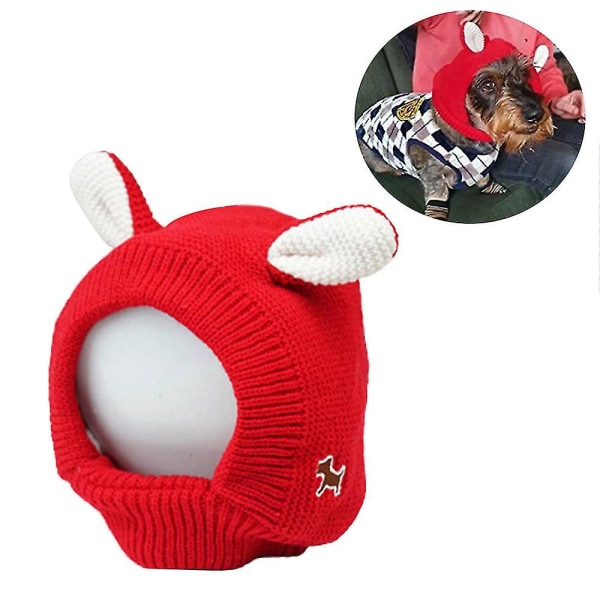 Pet Dog Stickad Beanie Hat Head Cover Kanin Öra Vinter Varm Puppy Cap Red