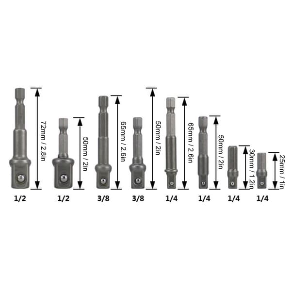 8 stk. Sokkeladapter Sæt Driver Hex Skaft Impact Bor Bits Forlængelsesstang 1/4 tommer 3/8 tommer 1/2 tommer