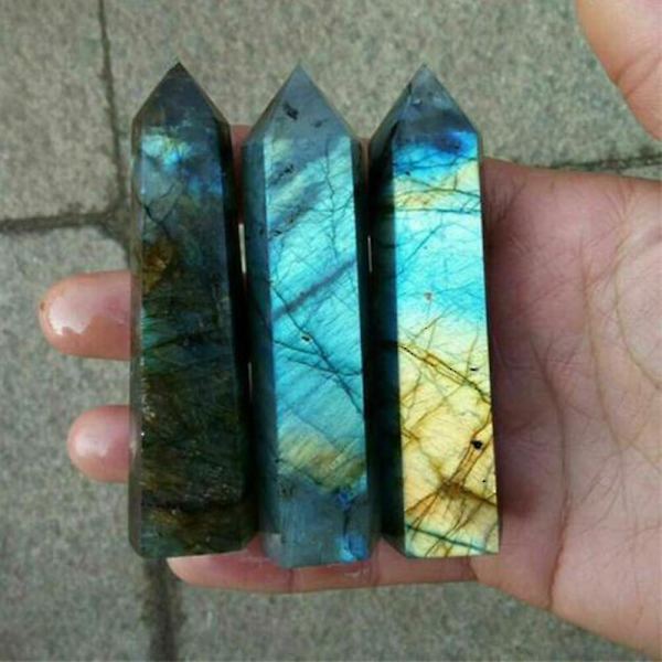 Naturlig labradorit kvarts Obelisk Crystal Column Wand Sten