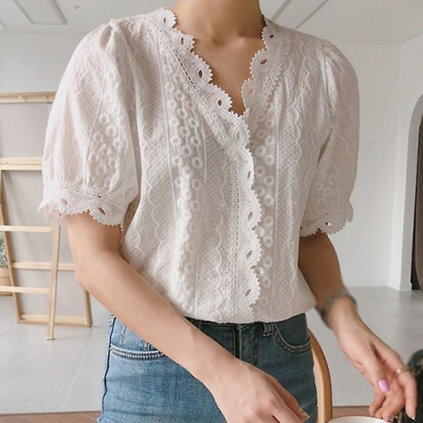 Kontor Dame Blonde Border Shirt Mode Kvinder Hollow Out Hvid Bluse Enkel Casual V-hals Kortærmede Bluser Og Toppe White L