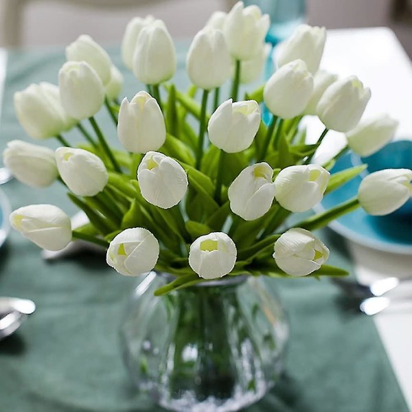 10 Bedøvelse Realistic Touch Pu kunstig tulipan buket med stilk-gul white