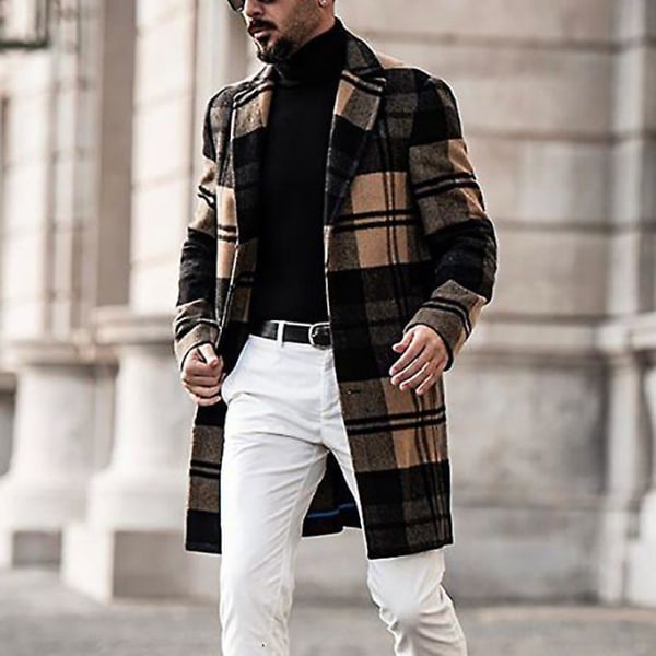 Mænds britisk stil ensfarvet lang frakke Moderigtig varm ulden overfrakke M