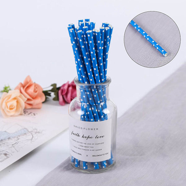 Biologiskt nedbrytbara papperssugrör, 100 sugrör för festtillbehör, födelsedag, bröllop Dark Blue White Dots