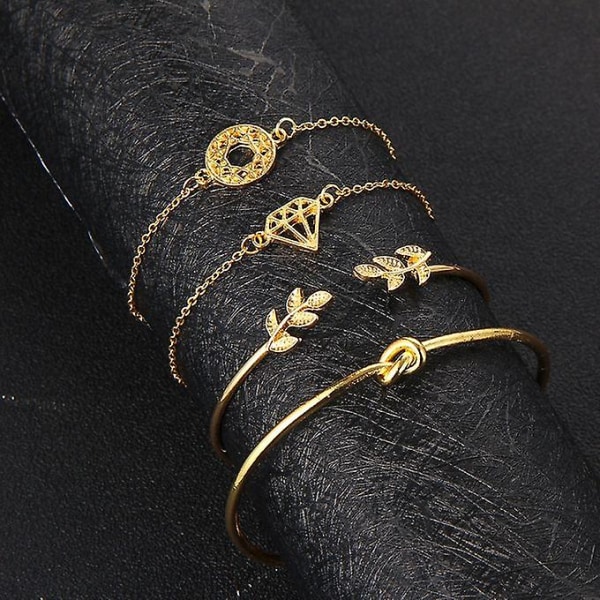 4 st/ set Dammode Bohemia Leaf Knot Hand Manschettknapp Kedja Charm Armband Armband Guld
