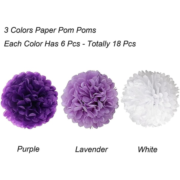 Pakke med 18, blå Pom Poms-blomster, dekorasjonspapirsett for fest purple