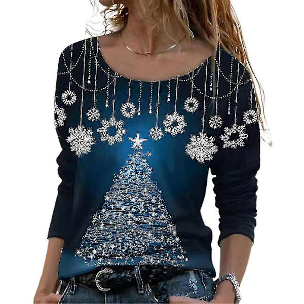 Hhcx-women Christmas Tree Print Long Sleeve T-shirt Xmas Crew Neck Blouse Tops Blue 2XL