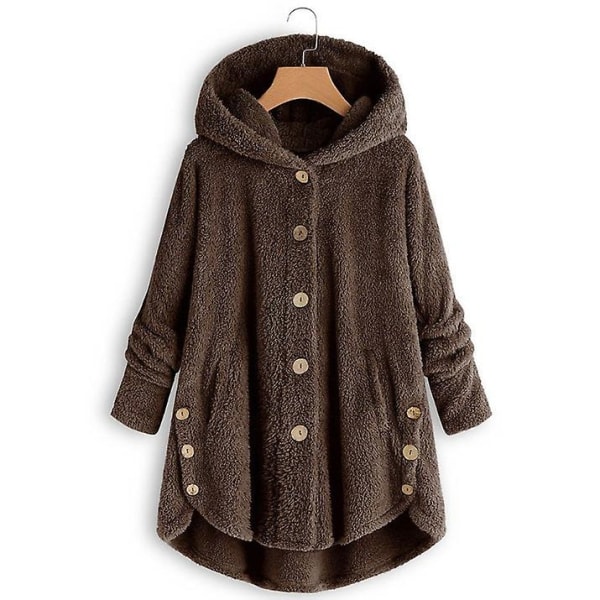 Damejakke Moteknapp Fluffy Ull Hettejakke Løs Vintervarme Plus Size Brown 4XL