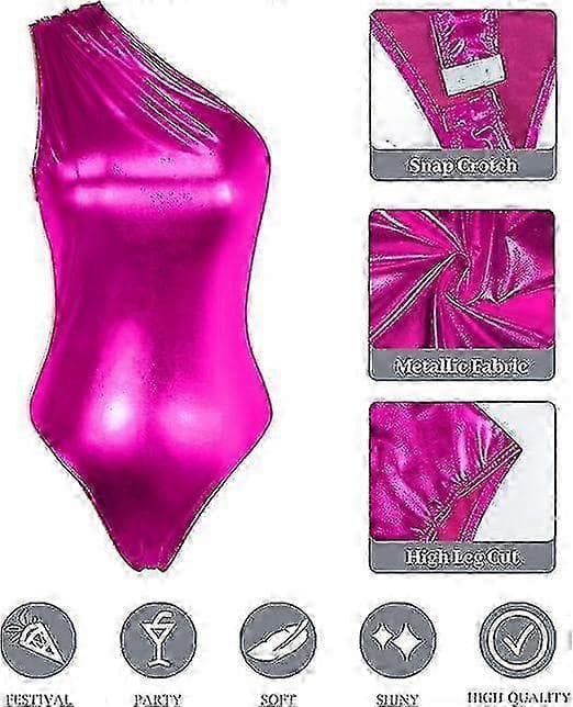 【BQ】Dame metallisk flydende one shoulder bodysuit leotard top Rose S