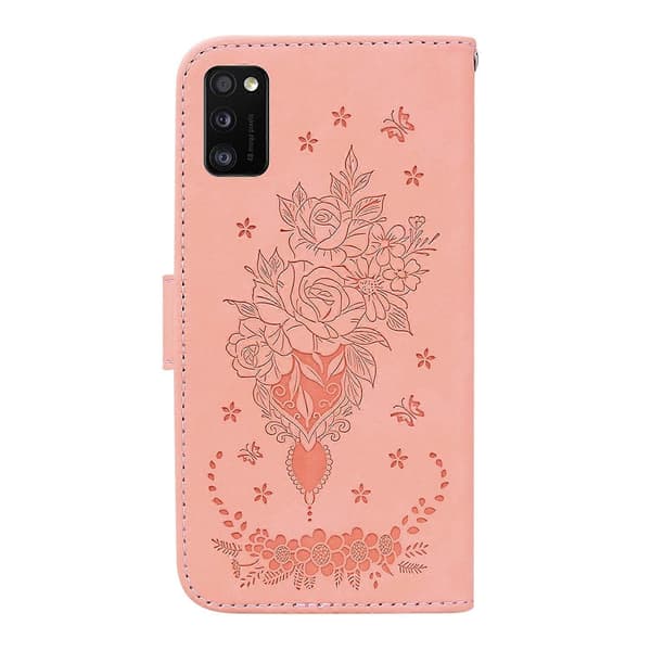 【BQ】Etui til Samsung Galaxy A41 med sommerfugle-rosepræget læder Pink