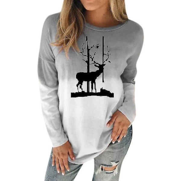 Hhcx-christmas Reindeer Women Xmas T-shirt Blouse Colourblock Jumper Top Grey White S