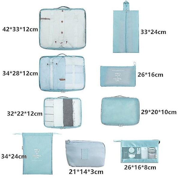 Rejsearrangørsæt, 9 stykker, bærbare bagagetasker, ideel til opbevaring af sko og tøj i din kuffert Sky blue 9-piece set