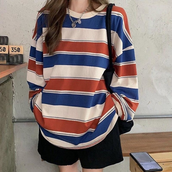 Damtröja Randig tunn tröja T-shirt Harajuku Pullovers Koreanskt mode för par Matchande långärmade toppar tröja Red XXL