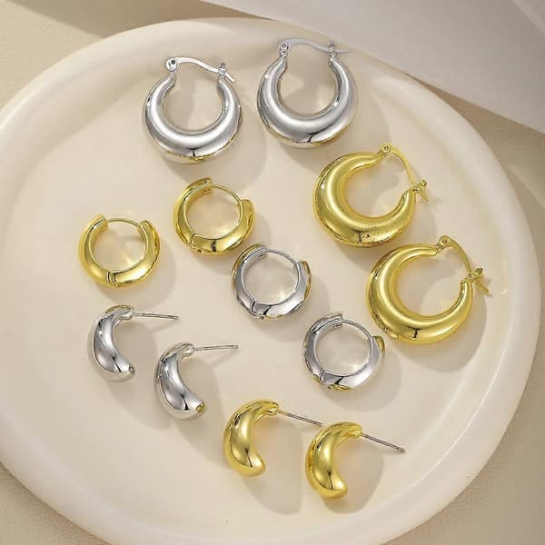 Sæt med tykke guldfarvede ringe til damer - Snoede Huggie Rings øreringe i rustfrit stål golden