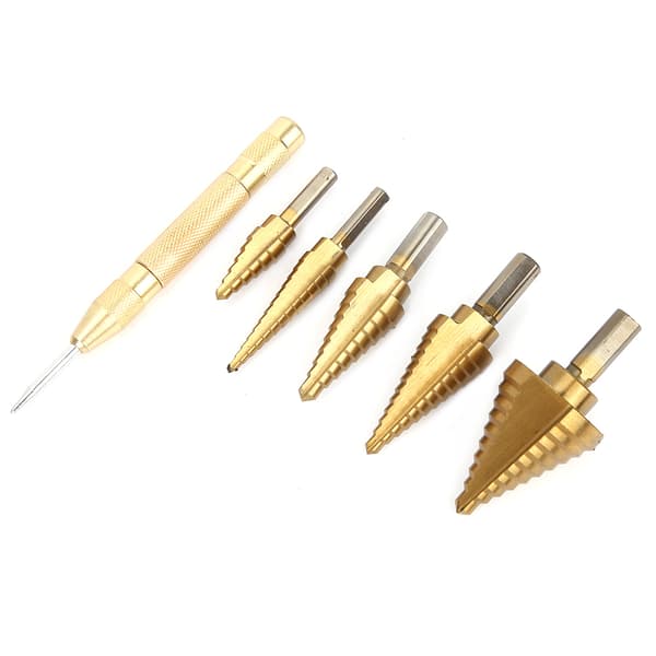 6 stk. HSS titaniumbelagte trinstyrbor Center Cone bor