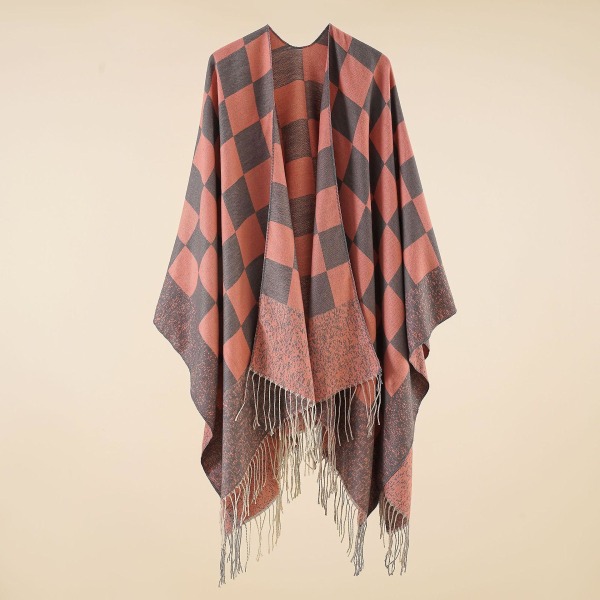 Gradient rutig sjal med cape höst- och vinterfilt varm fransad sjal watermelon powder 160*128cm