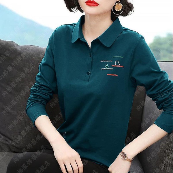 Elegant modebroderi Långärmad T-shirt Vår Damkläder Koreansk Casual Enfärgad Knapp Polo-neck Pullover Toppar Malachite Green 5XL