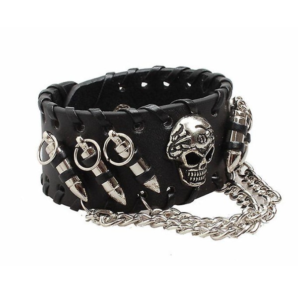 Herr Svart Skull Chain Läderarmband Manschett Armband Gothic Biker