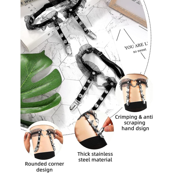 2 Pieces Adjustable Heart Shaped Leg Garters Women Girls Sexy Lace Heart Harness Garter Belts Elastic Punk Rivet Thigh Ring Garters With Non-slip Clip