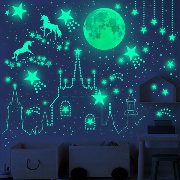 893 st Glow In The Dark-klistermärken - måne, enhörning, stjärnor och prickar för barnens sovrum Green 30cm