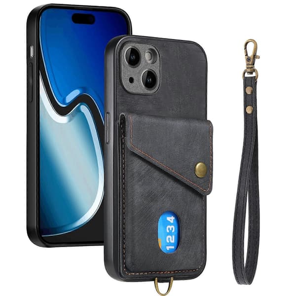 【BQ】Retro korthållare vikbart läderfodral med rem Black For iPhone 15 Pro