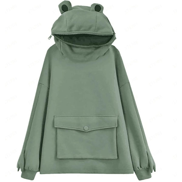 Søt frosk hettegenser for kvinner/jenter med glidelås munnhettegenser med stor frontlomme Dark Green 3X-Large
