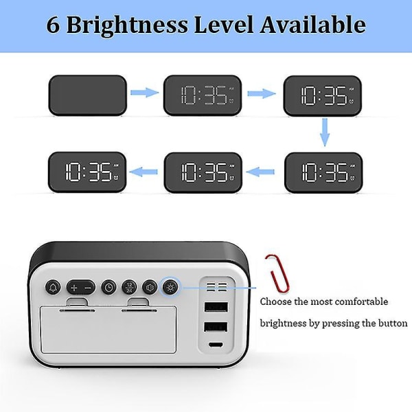 Digital väckarklocka 5-tums LED-skärm 12/24h 5 ljusstyrka sovrumsväckarklocka Hemmakontor White