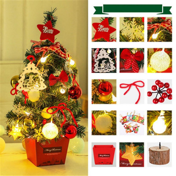 Forbelyst kunstig mini juletre bordplate juletre med ornamenter og lys A