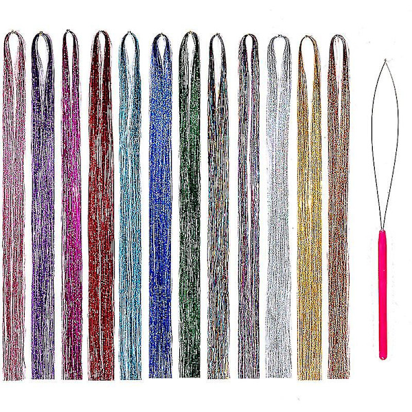 Hair Tinsel Kit Strängar Med Verktyg 47 tum 12 Färger Strängar Fairy Hair Tinsel Kit Hair Ext