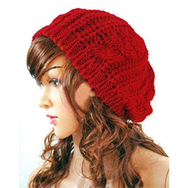 Hhcx-kvinner Vinter Varm Strikket Tykk Hekle Slouch Stretch Dame Beanie Varm Lue Red