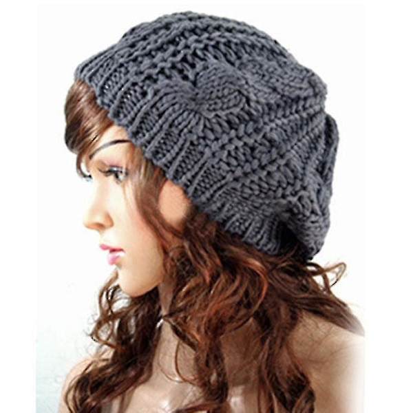 Hhcx-kvinner Vinter Varm Strikket Tykk Hekle Slouch Stretch Dame Beanie Varm Lue Dark Gray