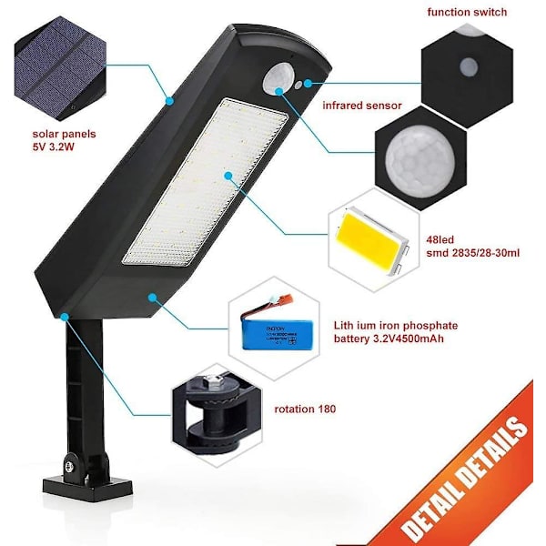 48 Led 4500mah Solar Light 900lm Ip65 vattentät utomhuslampa svart med justerbart stöd, 120 rörelsesensorljus black