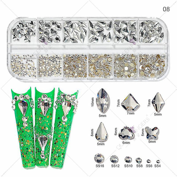 3d Glitter Nail Art Ab/färgglad Hotfix Rhinestones Flatback Crystal Diamond Gems Multi Size12 Gird Style 8