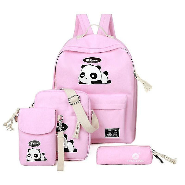 Slitstark 4 delar/ set söta kvinnors flicka Panda Print Shoulder Skolväska Pink