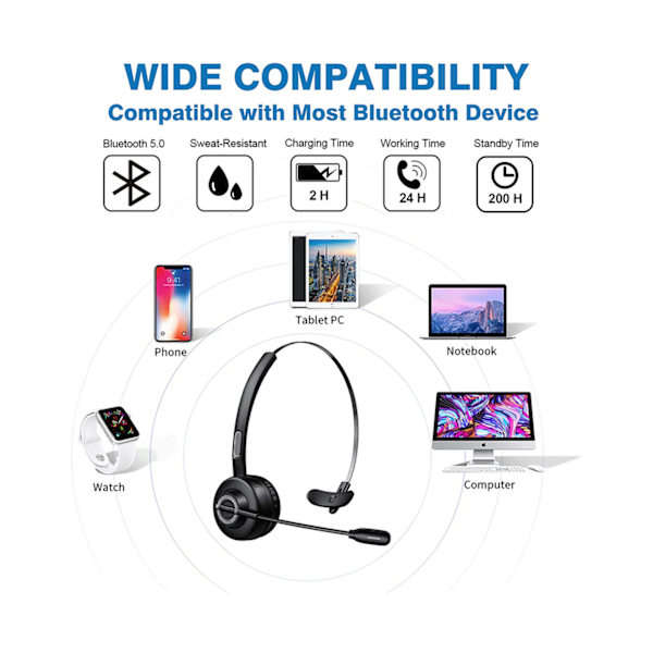 V5.0 Business Headset med Boom Mic, egnet for mobiltelefon/nettbrett/datamaskin