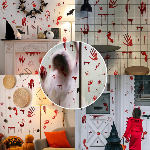 Veggklistremerker for hjemmeinnredning-Halloween-blod-håndavtrykk og fotavtrykk veggdekor Combination