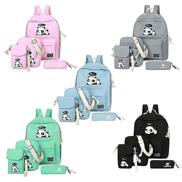 Slitstark 4 delar/ set söta kvinnors flicka Panda Print Shoulder Skolväska Green