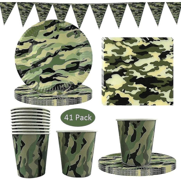 41-pack engångsservis, festtillbehör med camo S-servetter och triangelbanner för arméjakt-tema