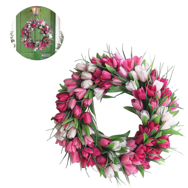 18" kunstige tulipanblomsterkranser kompatibel med inngangsdør Farmhouse Rosa krans Vårblomst grendørkrans kompatibel med utendørs innendørs W