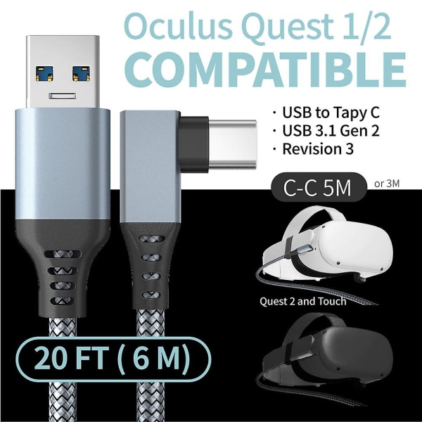 Link-kaapeli Oculus Quest 2:lle, nopea lataus ja tietokoneen tiedonsiirto USB C 3.2 Gen1 5 Gbps PD -siirtolaturikaapeli VR-kuulokemikrofonin linkkikaapeli Grey 3M