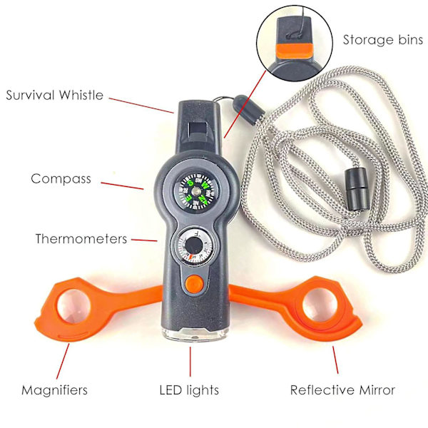 Emergency Survival Whistle med snöre, 7 i 1 Survival Multitool Hög säkerhetsvisselpipa med ledljus, kompass Etc.