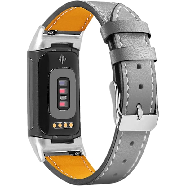 Lærremmer som er kompatible med Fitbit Charge 5, erstatningsstropper i ekte skinn for kvinner, menn Grey