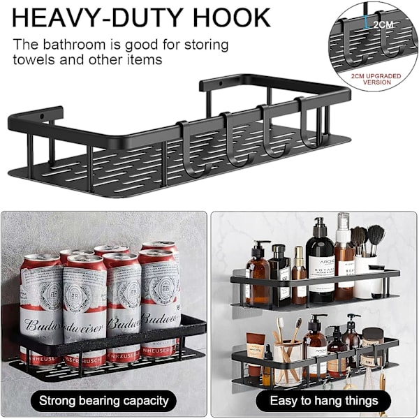 Set med 2 hyllor utan borrning, vägghylla i aluminium i badrum med 4 krokar