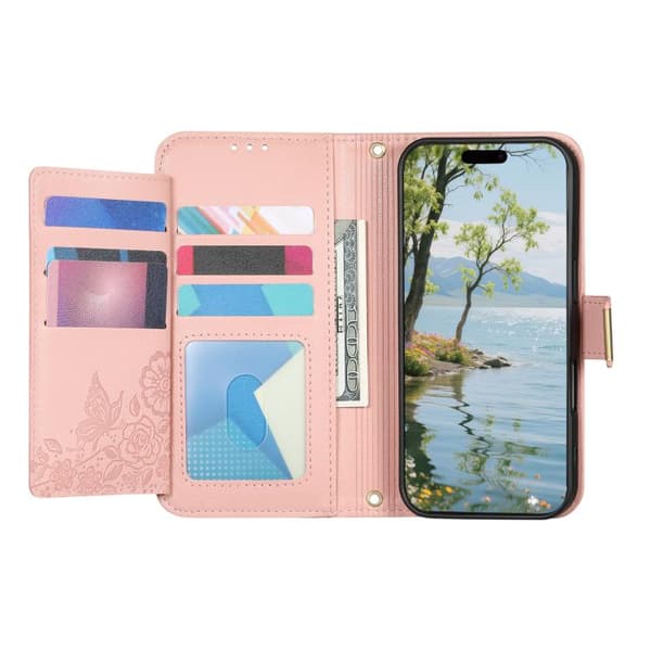 【BQ】iPhone 16 Pro Deksel med Blomster og Blader, Lommebokdeksel med Glidelås og Stropp Rosa