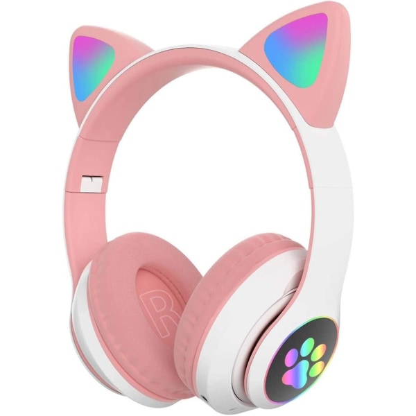 Den nya Barnhörlurar Kattöron Ledbelysning Bluetooth hopfällbara trådlösa spelhörlurar för barn Vuxna Inbyggd mikrofon Brusreducerande Rosa