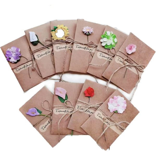 Gratulationskort 10 bitar Födelsedagskort Set Retro Kraftpapper Tomma kuvert Torkade blommor Dekorera
