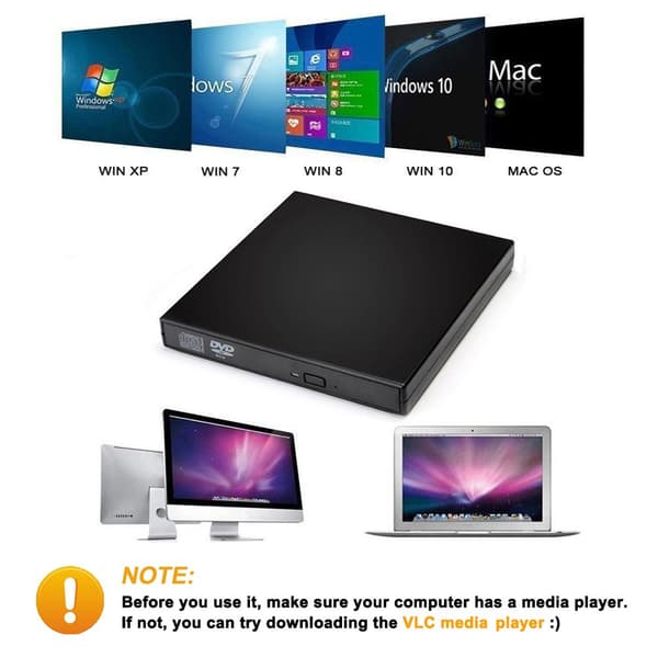 【BQ】Eksternt CD DVD-drev, USB 2.0 Slim Bærbart Eksternt Sort