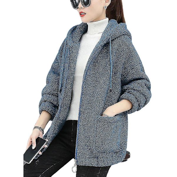 Hhcx-women&#39;s Teddy Bear Zip Up Coat Fluffy Jacket Winter Warm Hoodie Outwear Blue L